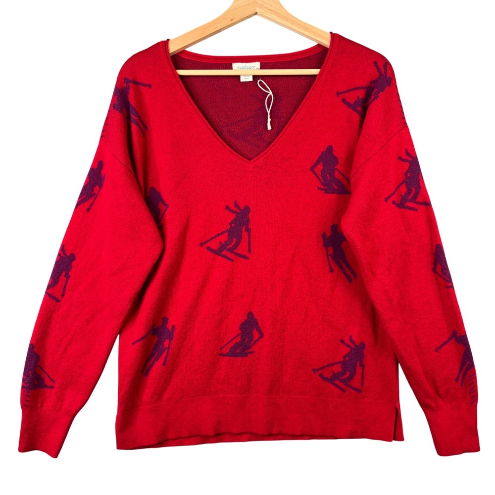 Sundance Womens Red Wool Blend Skier Graphic V-Neck Pullover Sweater Size M